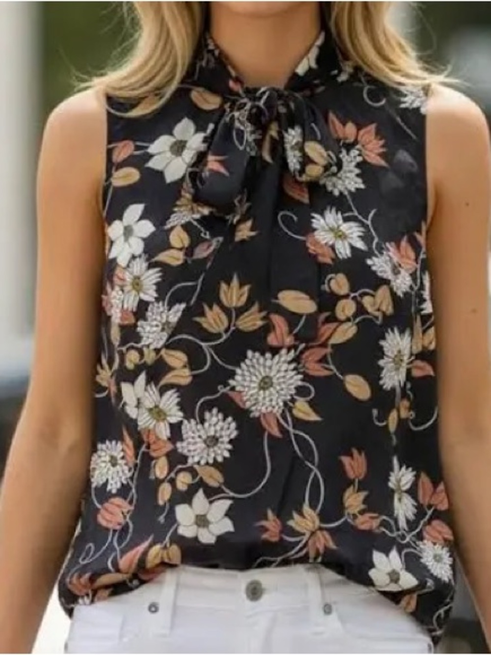 Maeve Black Floral Sleeveless V-Neck Camisole with Cream & Tan Blooms